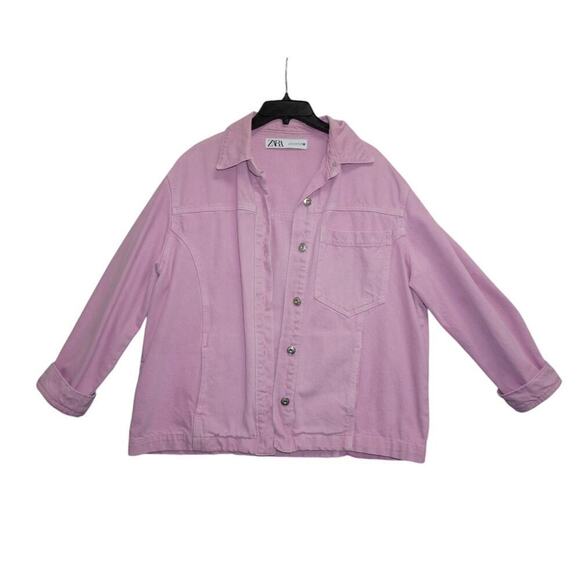 Zara Woman Oversized Pink Denim Jacket Button Front Long Sleeve Women’s Size M - Picture 2 of 4